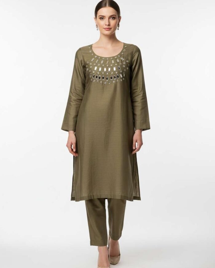 Dark pastel green mirror work 2 piece set