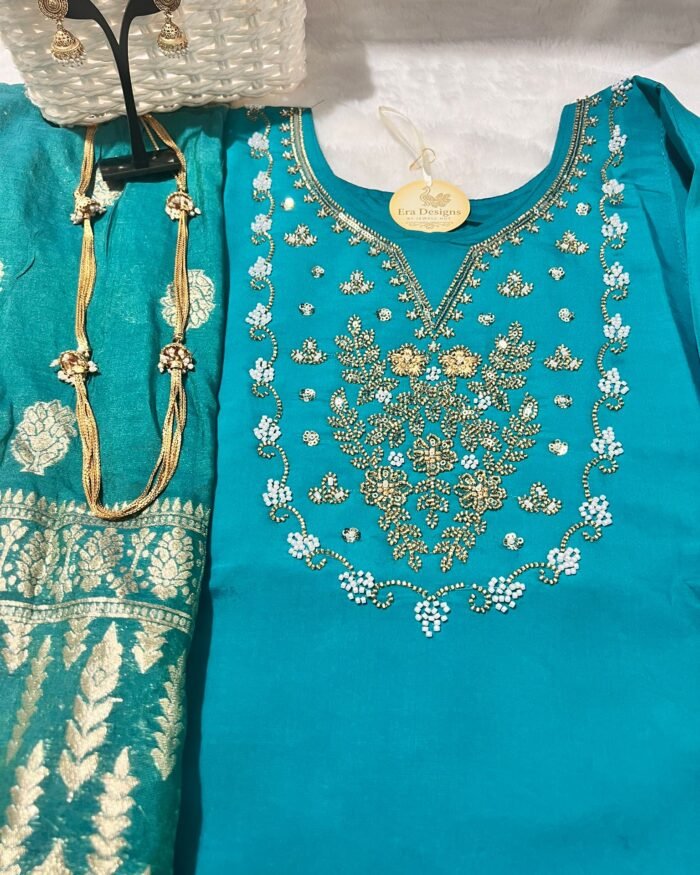 Embroidry salvar 3 piece set saphire green