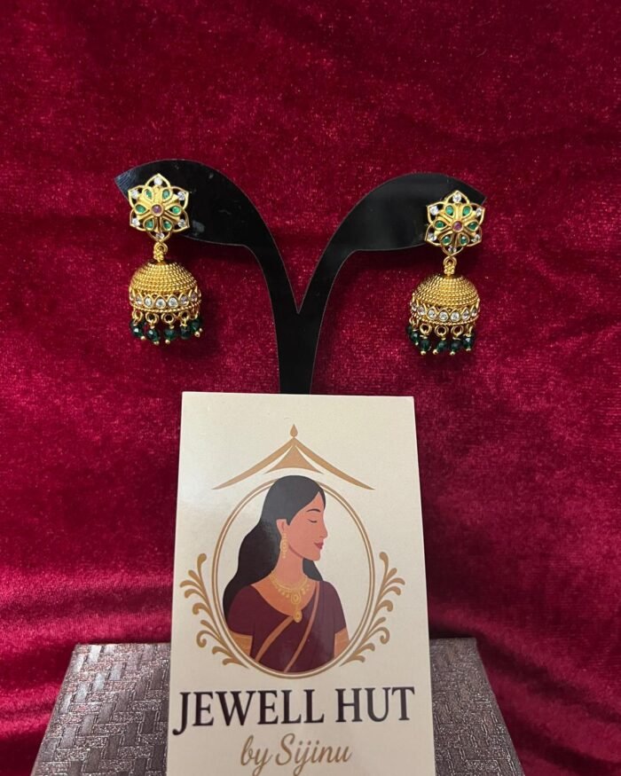 Emerald beads hanging white stones flower stud small Jumkas