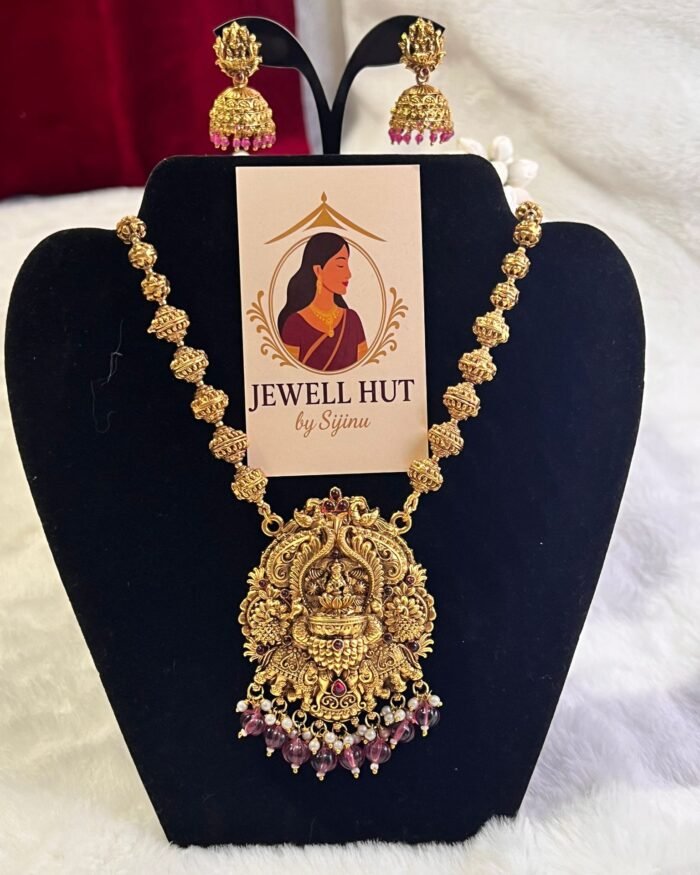 Heavy Devi Pendant Mala With Matching Jhumkas Temple Jewellery Designs Ruby Colour Beads.