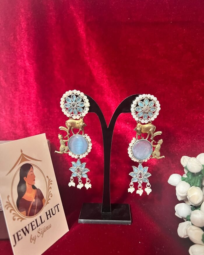 Oxidised hangings blue statement piece with animal motif and human figure with pearls