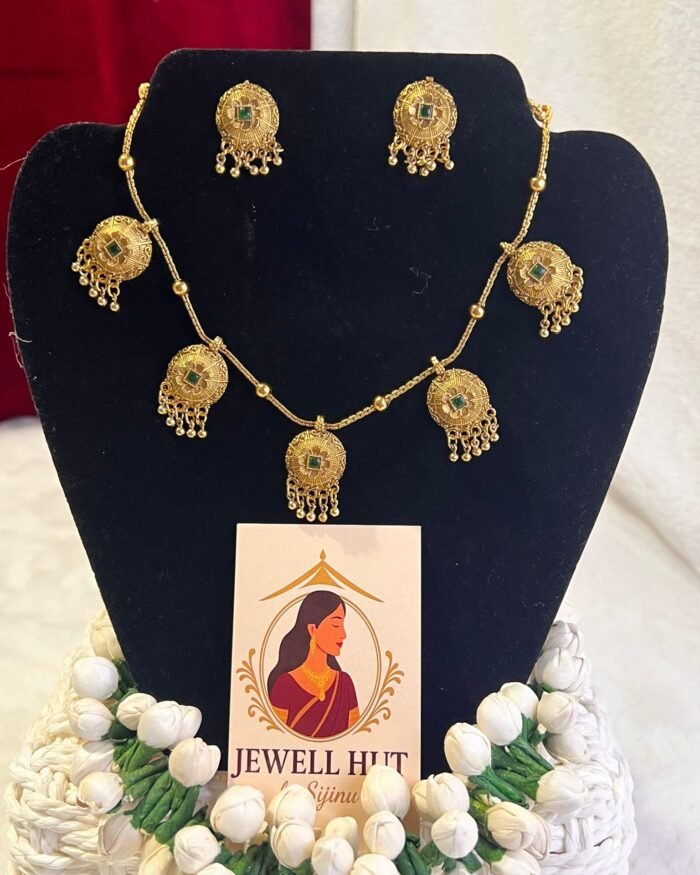 Round-Charm-Necklace-With-Green-Stone-And-Matching-Earrings