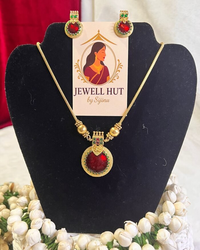 Round-pendant-red-colour-palakka-with-matching-earrings.