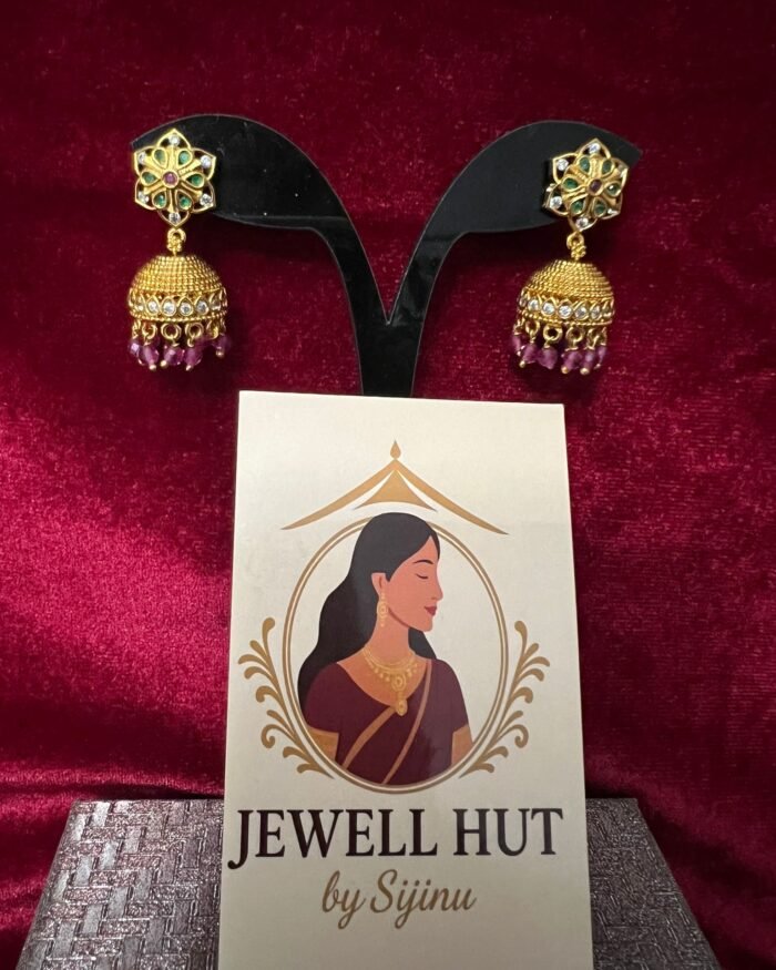 Ruby beads hanging white stones flower stud small Jumkas