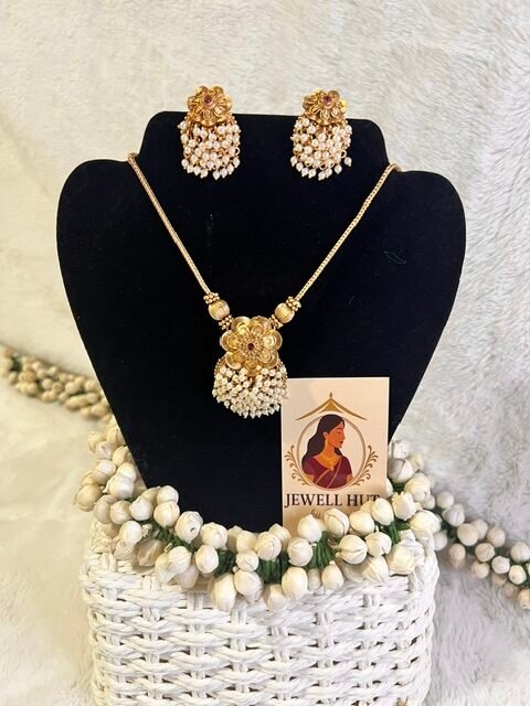 Pearl small beaded heavy flower pendant with matching earrings