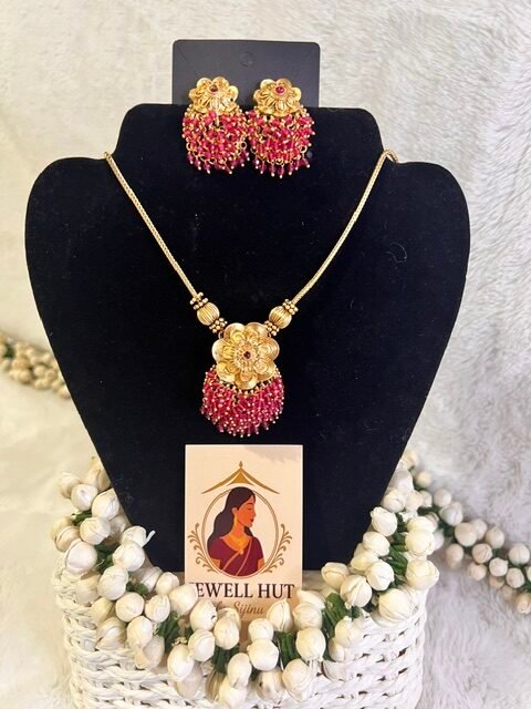 Ruby small beaded heavy floral pendant with matching earrings
