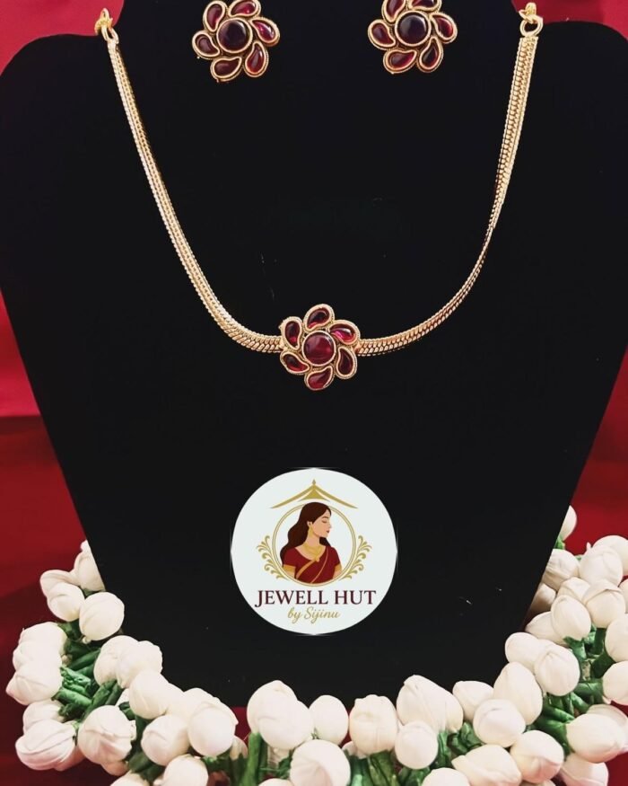Ruby Red single flower pendant with matching earrings choker set