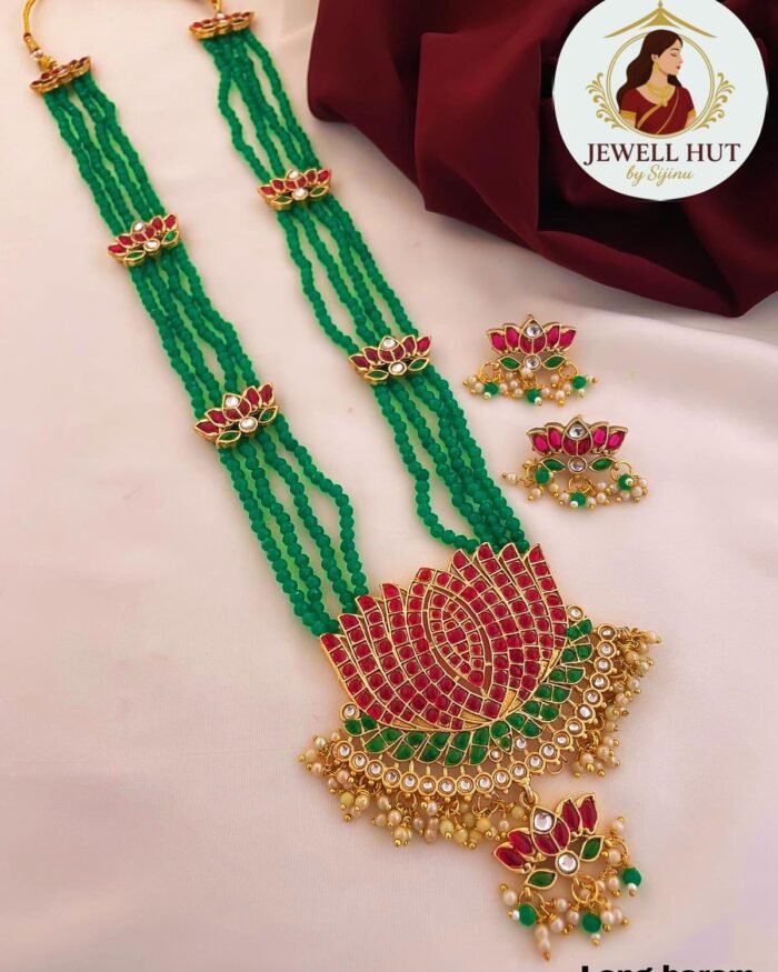 Rani Haram green beaded 4 layer Lotus pendant with matching earrings set